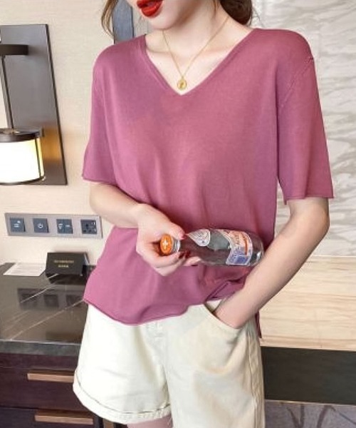 Bifrost（ビフレスト）の「ウォッシャブルVネック半袖カットソー（Tシャツ/カットソー・レディース・ベージュ/ローズ/オレンジ/ブルー/グリーン/イエロー/ホワイト/ブラック・F）」の7枚目の写真