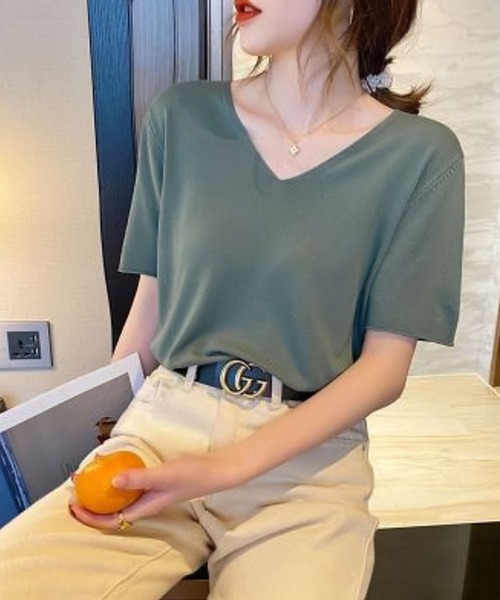 Bifrost（ビフレスト）の「ウォッシャブルVネック半袖カットソー（Tシャツ/カットソー・レディース・ベージュ/ローズ/オレンジ/ブルー/グリーン/イエロー/ホワイト/ブラック・F）」の5枚目の写真