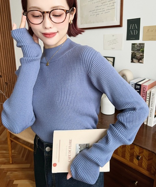 moment+（モーメントプラス）の「【累計販売枚数2万枚突破！】12G ボトルネック指ぬきリブニットプルオーバー（ニット/セーター・レディース・ブラック/レッド/ピンク/ターコイズブルー/オレンジ/グリーン/アイボリー/ナチュラル/イエロー×グリーン/ラベンダー/杢グレー/ピンクベージュ/ライトブルー/グレー系その他/チャコールグレー/ボルドー・M/L）」の8枚目の写真