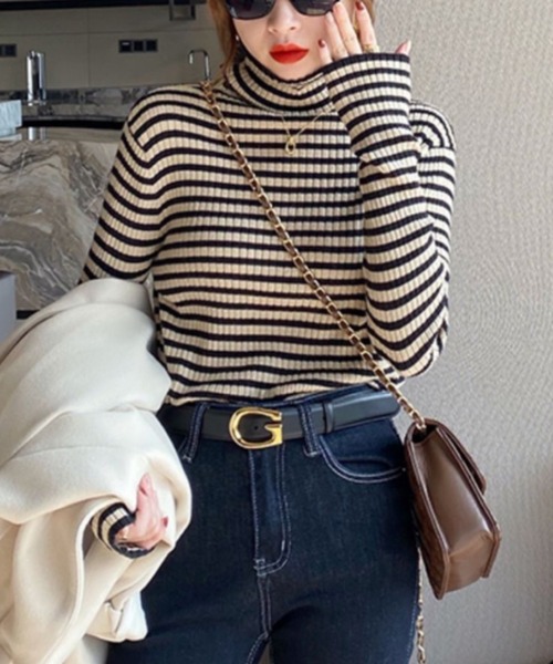 DIAVEL（ディアベル）の「タートルネックボーダーニット（ニット/セーター・レディース・グレー/ベージュ/ホワイト/グリーン・M）」の7枚目の写真