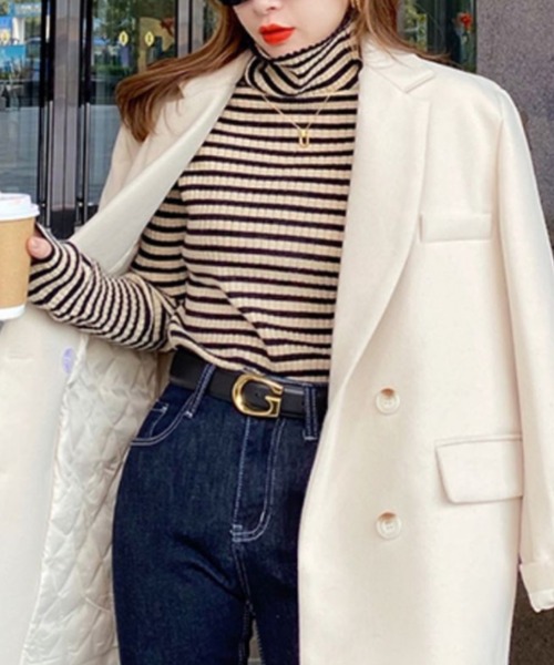 DIAVEL（ディアベル）の「タートルネックボーダーニット（ニット/セーター・レディース・グレー/ベージュ/ホワイト/グリーン・M）」の9枚目の写真