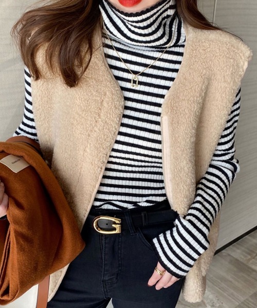 DIAVEL（ディアベル）の「タートルネックボーダーニット（ニット/セーター・レディース・グレー/ベージュ/ホワイト/グリーン・M）」の11枚目の写真