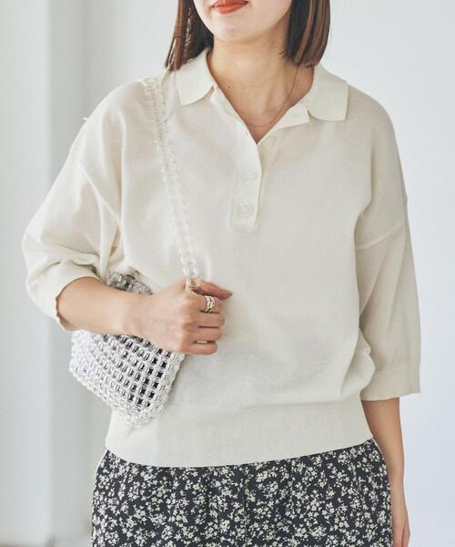 coen(コーエン)の「サラコ5分袖ポロサマーニット(ポロシャツ・レディース・ホワイト/ライトグレー/ブラック/ベージュ・M/L)」の1枚目の写真