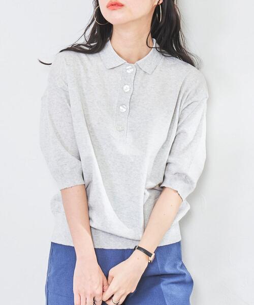 coen(コーエン)の「サラコ5分袖ポロサマーニット(ポロシャツ・レディース・ホワイト/ライトグレー/ブラック/ベージュ・M/L)」の3枚目の写真