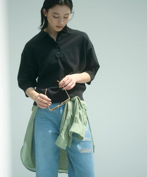 coen(コーエン)の「サラコ5分袖ポロサマーニット(ポロシャツ・レディース・ホワイト/ライトグレー/ブラック/ベージュ・M/L)」の2枚目の写真