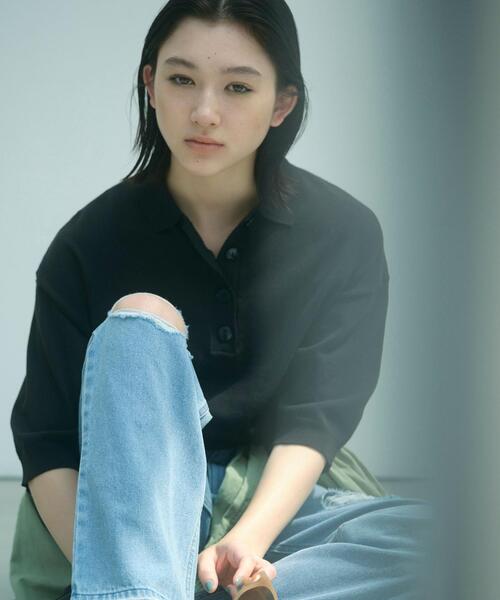 coen(コーエン)の「サラコ5分袖ポロサマーニット(ポロシャツ・レディース・ホワイト/ライトグレー/ブラック/ベージュ・M/L)」の5枚目の写真