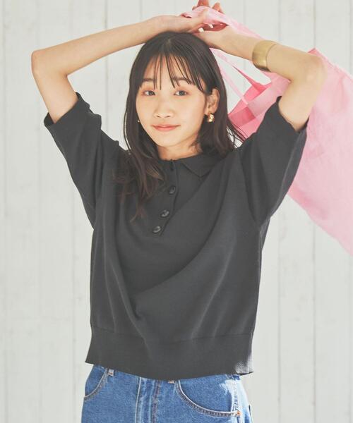 coen(コーエン)の「サラコ5分袖ポロサマーニット(ポロシャツ・レディース・ホワイト/ライトグレー/ブラック/ベージュ・M/L)」の6枚目の写真