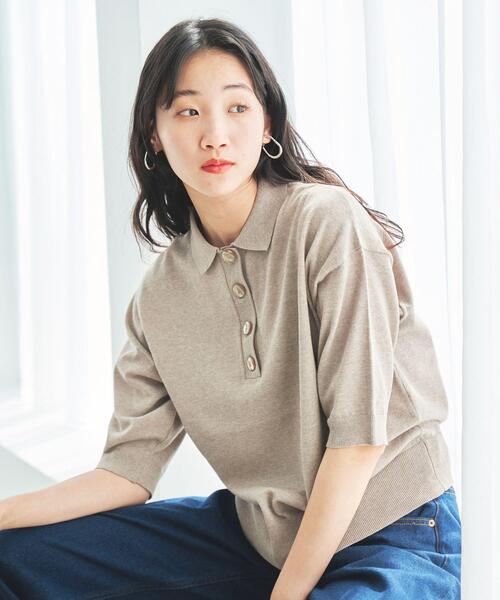 coen(コーエン)の「サラコ5分袖ポロサマーニット(ポロシャツ・レディース・ホワイト/ライトグレー/ブラック/ベージュ・M/L)」の10枚目の写真