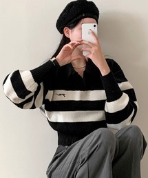 [BELLIDE MADE] ボーダーワンポイント刺繍オープンカラーニット