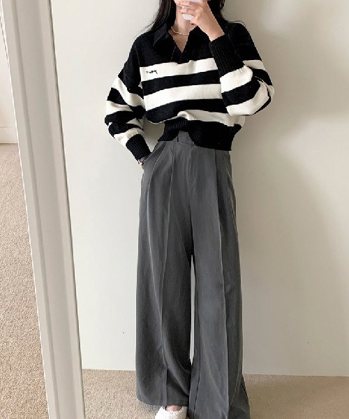 BEIDELLI（ベイデリー）の「[BELLIDE MADE] ボーダーワンポイント刺繍オープンカラーニット（ニット/セーター・レディース・ホワイト/ブラック・FREE）」の7枚目の写真