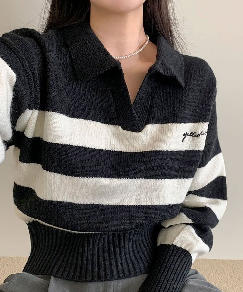 BEIDELLI（ベイデリー）の「[BELLIDE MADE] ボーダーワンポイント刺繍オープンカラーニット（ニット/セーター・レディース・ホワイト/ブラック・FREE）」の9枚目の写真
