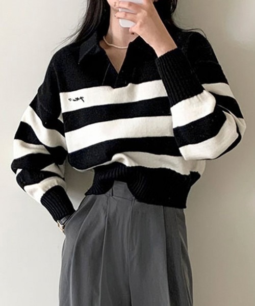 BEIDELLI（ベイデリー）の「[BELLIDE MADE] ボーダーワンポイント刺繍オープンカラーニット（ニット/セーター・レディース・ホワイト/ブラック・FREE）」の8枚目の写真
