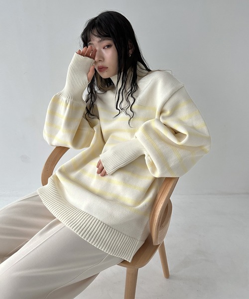 hellam(へラム)の「パネルボーダー 指穴あきニット(ニット/セーター・レディース・ホワイト×ブラック/ブラック×ホワイト/ホワイト×イエロー・FREE)」の3枚目の写真