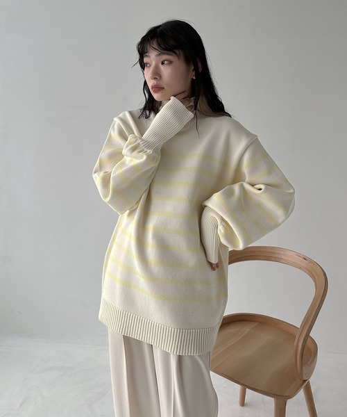 hellam(へラム)の「パネルボーダー 指穴あきニット(ニット/セーター・レディース・ホワイト×ブラック/ブラック×ホワイト/ホワイト×イエロー・FREE)」の21枚目の写真