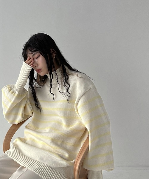 hellam(へラム)の「パネルボーダー 指穴あきニット(ニット/セーター・レディース・ホワイト×ブラック/ブラック×ホワイト/ホワイト×イエロー・FREE)」の20枚目の写真