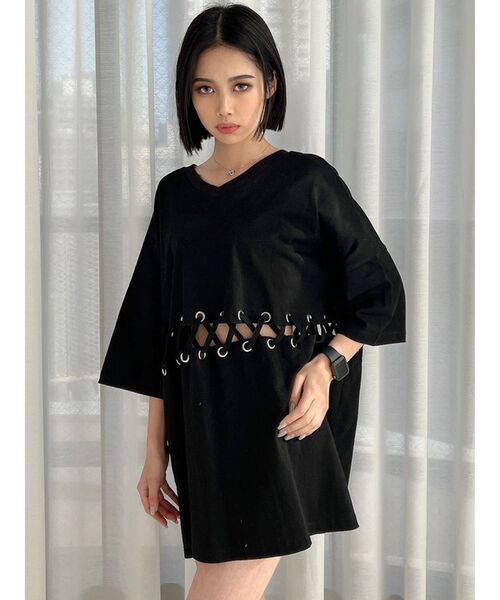 GYDA（ジェイダ）の「2WAYウエストレースアップシャツ（Tシャツ/カットソー・レディース・ブラック/オフホワイト/オレンジ系その他3・FREE）」の6枚目の写真