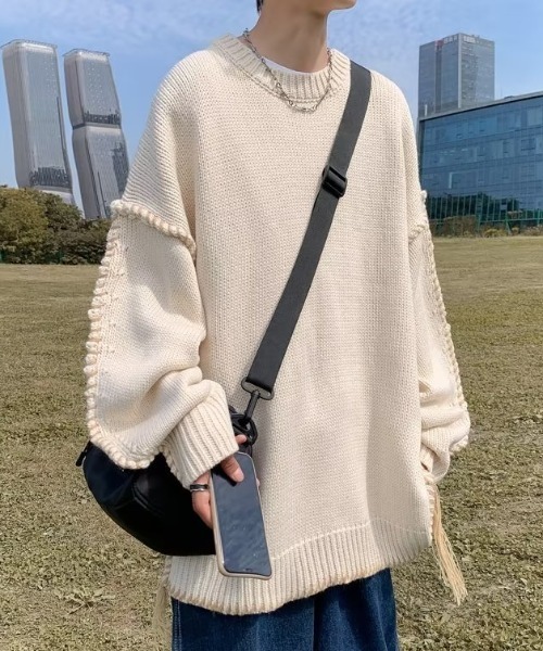 SEN TOKYO（セントーキョー）の「大人上品なアウターニット。手編み風デザインビックセーター（ニット/セーター・メンズ・ベージュ/アイボリー・M/L）」の6枚目の写真