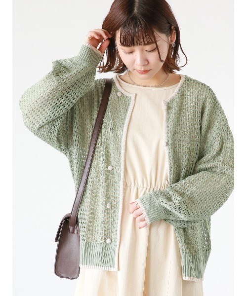 ehka sopo（エヘカソポ）の「◎パイピング透かし編みカーディガン（カーディガン/ボレロ・レディース・ブラック/グリーン/キナリ・ﾌﾘ-）」の3枚目の写真