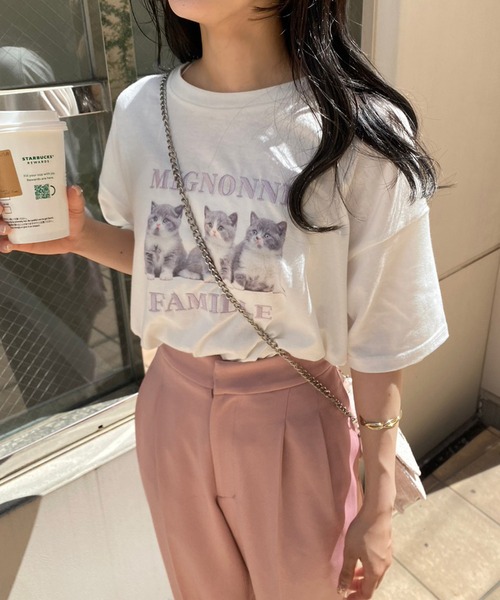 one after another NICE CLAUP（ワンアフターアナザーナイスクラップ）の「ねこプリントBIG Tee（Tシャツ/カットソー・レディース・ピンク系その他/ホワイト/ピンク/ホワイト系その他・FREE）」の6枚目の写真