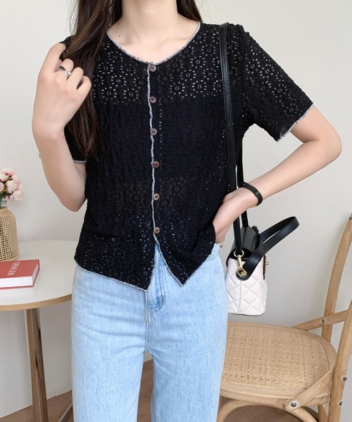 DIAVEL(ディアベル)の「【秋SALE特価中】レースニットトップス/かし半袖花柄ブラウス(シャツ/ブラウス・レディース・ホワイト/ブルー/ブラック/ホワイト系その他/アイボリー・M)」の4枚目の写真