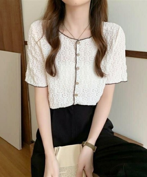 DIAVEL(ディアベル)の「【秋SALE特価中】レースニットトップス/かし半袖花柄ブラウス(シャツ/ブラウス・レディース・ホワイト/ブルー/ブラック/ホワイト系その他/アイボリー・M)」の10枚目の写真