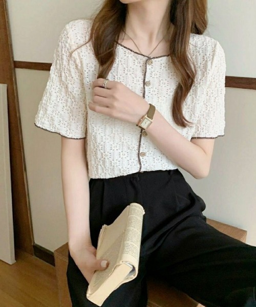 DIAVEL(ディアベル)の「【秋SALE特価中】レースニットトップス/かし半袖花柄ブラウス(シャツ/ブラウス・レディース・ホワイト/ブルー/ブラック/ホワイト系その他/アイボリー・M)」の8枚目の写真