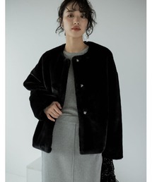 Re:EDIT | [2023-24 WINTER COLLECTION]フェイクファーノーカラーショート丈ジャケット(ノーカラージャケット)