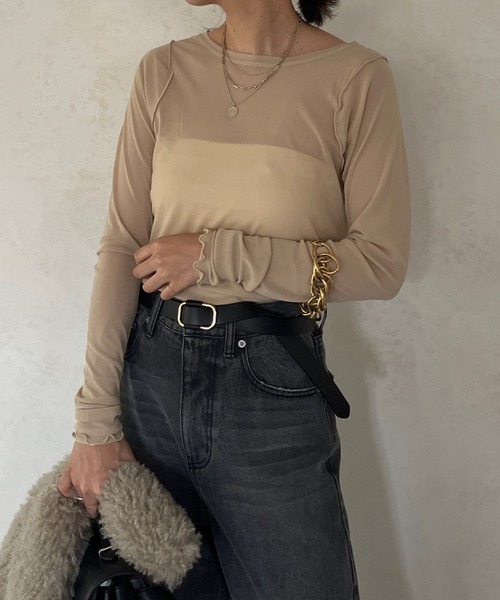 DouDou(ドゥドゥ)の「【WEB限定】 メロークルーネックプルオーバー(Tシャツ/カットソー・レディース・ベージュ/ブラック/オフホワイト・FREE)」の2枚目の写真