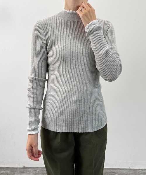 vent blanc(ヴァンブラン)の「vent blanc ヴァンブラン コットンリブレース付プルオーバー(ニット/セーター・レディース・ブラック/ブラック系その他/オフホワイト/キナリ/チャコールグレー・FREE)」の3枚目の写真