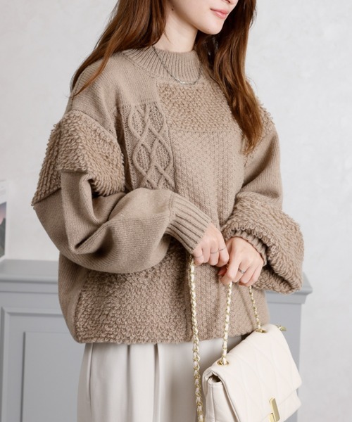 acro（アクロ）の「パッチワークデザインニット/AC3445（ニット/セーター・レディース・ベージュ/アイボリー/グレー・ﾌﾘ-）」の3枚目の写真