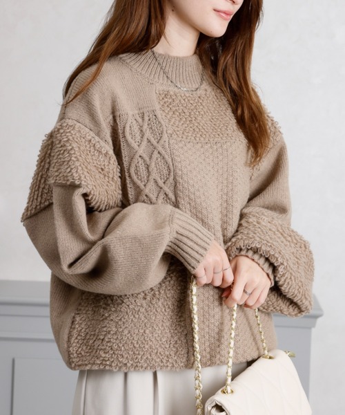 acro（アクロ）の「パッチワークデザインニット/AC3445（ニット/セーター・レディース・ベージュ/アイボリー/グレー・ﾌﾘ-）」の5枚目の写真