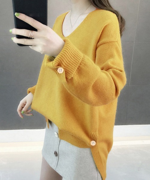 Miniministore(ミニミニストア)の「vネックニットトップス レディース 秋冬(ニット/セーター・レディース・イエロー/オフホワイト/ピンク/ブルー/ミント・FREE)」の4枚目の写真