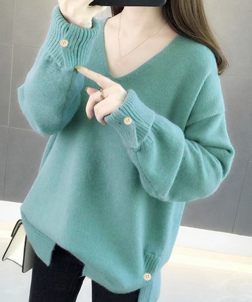 Miniministore(ミニミニストア)の「vネックニットトップス レディース 秋冬(ニット/セーター・レディース・イエロー/オフホワイト/ピンク/ブルー/ミント・FREE)」の2枚目の写真