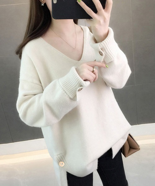 Miniministore(ミニミニストア)の「vネックニットトップス レディース 秋冬(ニット/セーター・レディース・イエロー/オフホワイト/ピンク/ブルー/ミント・FREE)」の6枚目の写真