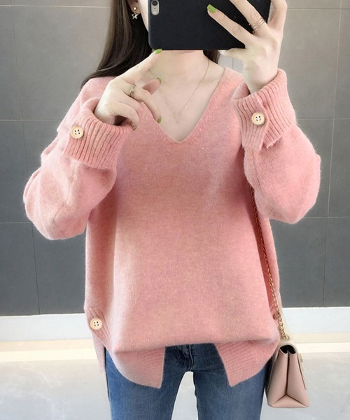 Miniministore(ミニミニストア)の「vネックニットトップス レディース 秋冬(ニット/セーター・レディース・イエロー/オフホワイト/ピンク/ブルー/ミント・FREE)」の8枚目の写真