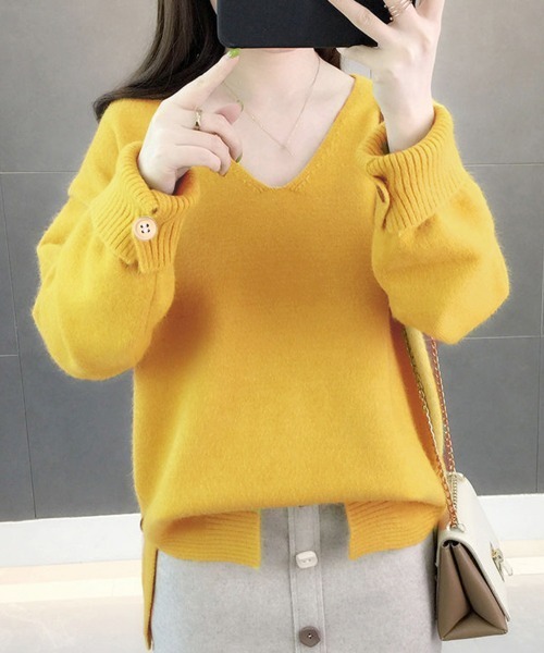 Miniministore(ミニミニストア)の「vネックニットトップス レディース 秋冬(ニット/セーター・レディース・イエロー/オフホワイト/ピンク/ブルー/ミント・FREE)」の11枚目の写真