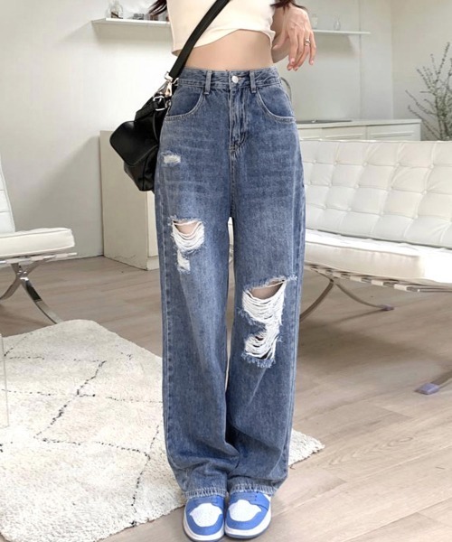 Miniministore(ミニミニストア)の「ダメージデニムパンツ クラッシュジーンズ(デニムパンツ・レディース・インディゴブルー/サックスブルー・S/M/XL/L)」の7枚目の写真