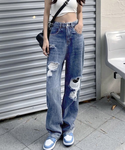 Miniministore(ミニミニストア)の「ダメージデニムパンツ クラッシュジーンズ(デニムパンツ・レディース・インディゴブルー/サックスブルー・S/M/XL/L)」の8枚目の写真