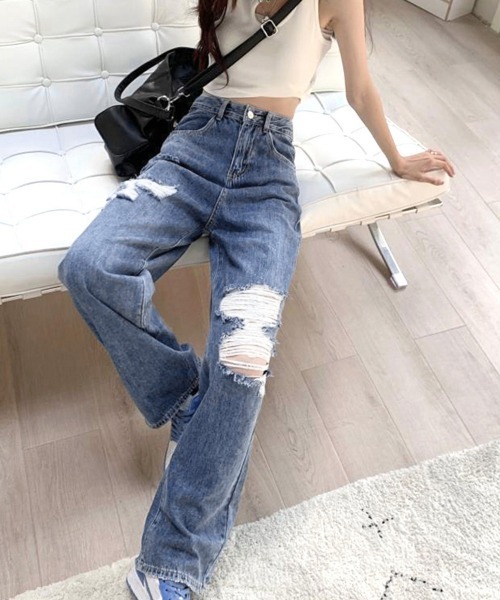 Miniministore(ミニミニストア)の「ダメージデニムパンツ クラッシュジーンズ(デニムパンツ・レディース・インディゴブルー/サックスブルー・S/M/XL/L)」の15枚目の写真