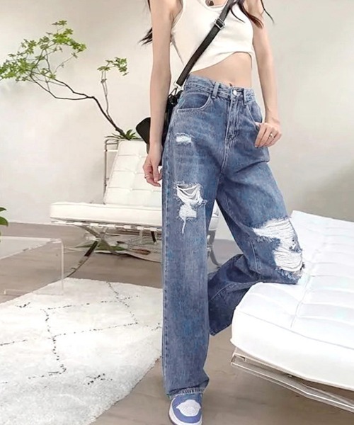 Miniministore(ミニミニストア)の「ダメージデニムパンツ クラッシュジーンズ(デニムパンツ・レディース・インディゴブルー/サックスブルー・S/M/XL/L)」の19枚目の写真