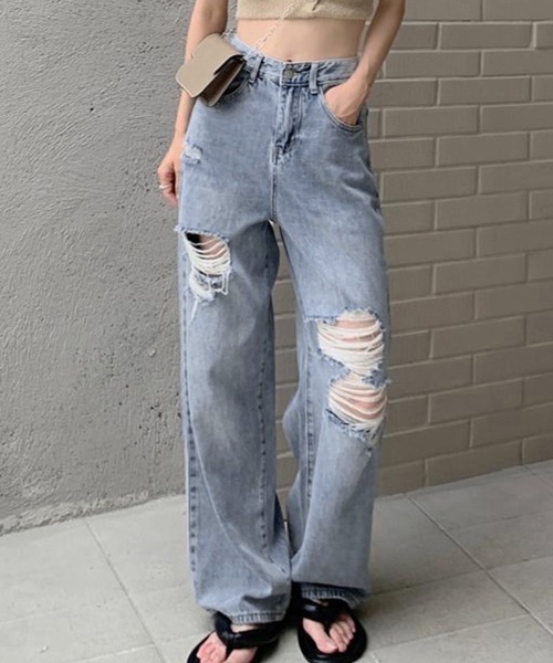 Miniministore(ミニミニストア)の「ダメージデニムパンツ クラッシュジーンズ(デニムパンツ・レディース・インディゴブルー/サックスブルー・S/M/XL/L)」の3枚目の写真