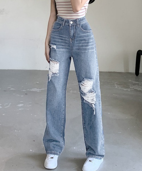 Miniministore(ミニミニストア)の「ダメージデニムパンツ クラッシュジーンズ(デニムパンツ・レディース・インディゴブルー/サックスブルー・S/M/XL/L)」の14枚目の写真