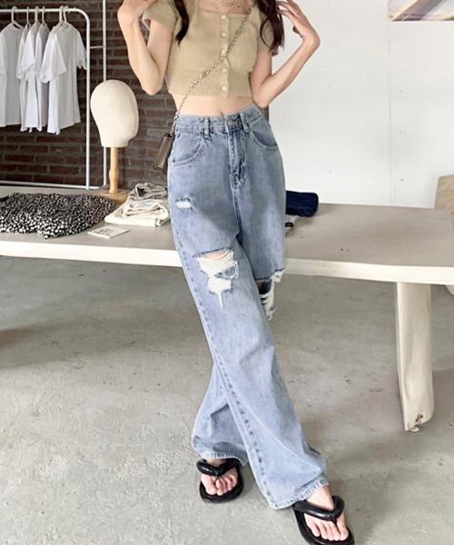 Miniministore(ミニミニストア)の「ダメージデニムパンツ クラッシュジーンズ(デニムパンツ・レディース・インディゴブルー/サックスブルー・S/M/XL/L)」の4枚目の写真