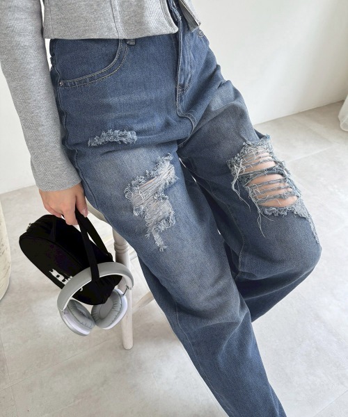 Miniministore(ミニミニストア)の「ダメージデニムパンツ クラッシュジーンズ(デニムパンツ・レディース・インディゴブルー/サックスブルー・S/M/XL/L)」の10枚目の写真