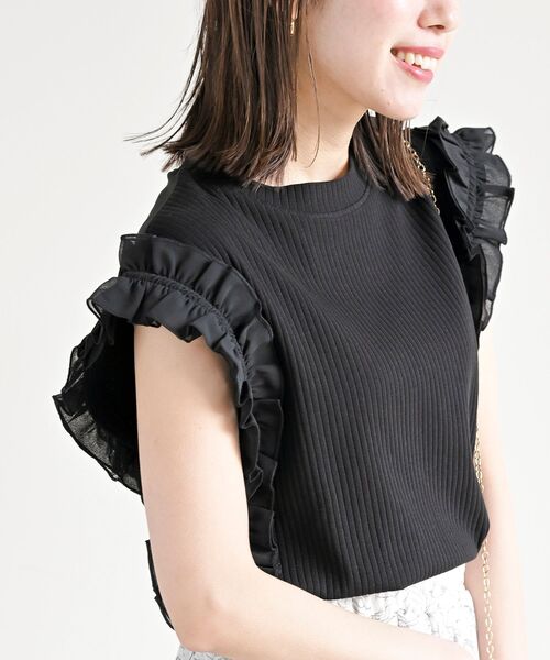 rps(アールピーエス)の「フリルスリーブリブTシャツ(Tシャツ/カットソー・レディース・シルバーグレー/オフホワイト/ブラック・フリー)」の2枚目の写真