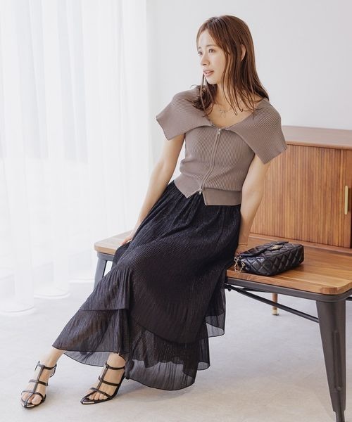 mysty woman（ミスティウーマン）の「ケープカラーZIPニットプルオーバー　121399（ニット/セーター・レディース・モカ/ブラック/オフホワイト・FREE）」の4枚目の写真