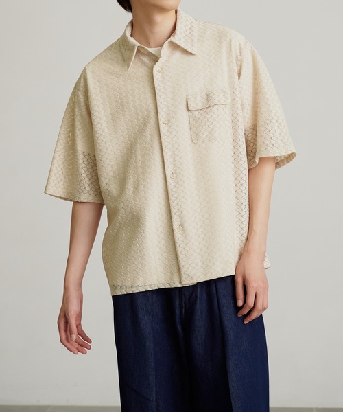 PUBLIC TOKYO(パブリックトウキョウ)の「コットンライクレースシャツ / 半袖(シャツ/ブラウス・メンズ・ミント/ダークネイビー/ベージュ/ブラック・1/2)」の3枚目の写真