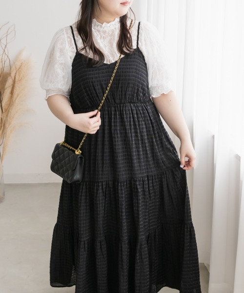 CLETTE(クレット)の「シアーチェックティアードキャミワンピース(ワンピース・レディース・ラベンダー/ブラック・4L/3L/LL)」の6枚目の写真
