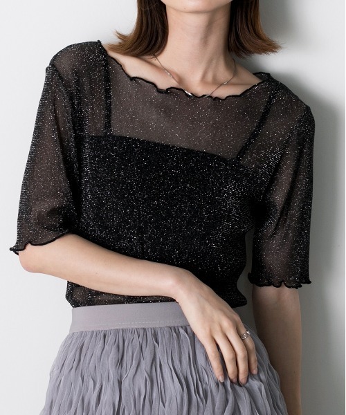 ad thie（アドティエ）の「メローデザイン ラメシアートップス（Tシャツ/カットソー・レディース・シルバー/ピンク/グレー/ブラック・FREE）」の2枚目の写真