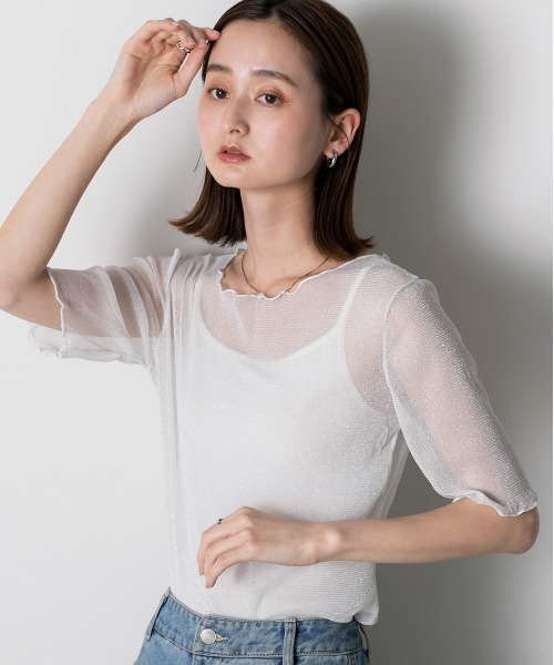 Tシャツ/カットソー（シルバー/銀色系・Uネック）ファッション通販